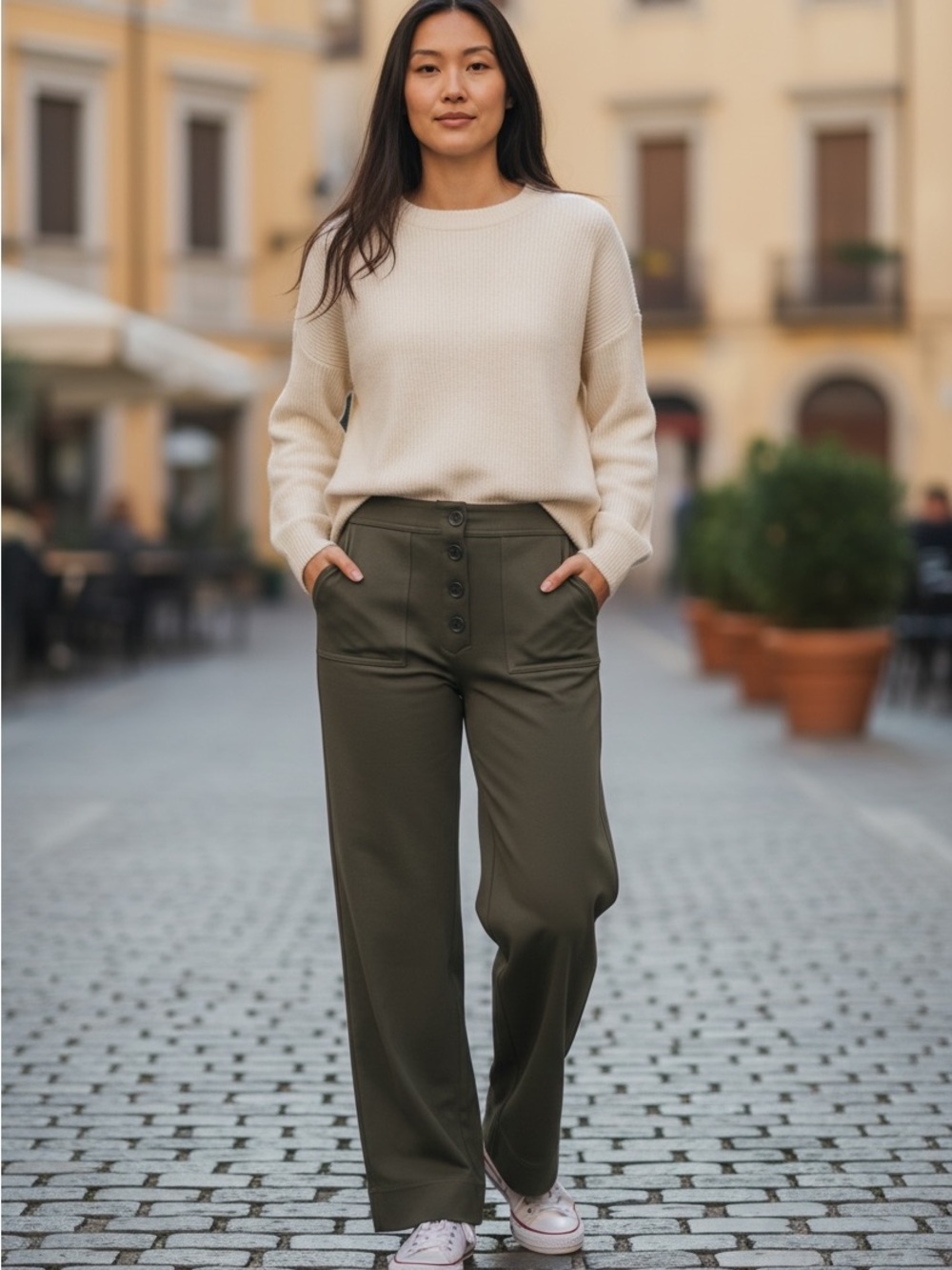 HALARA High-Rise Wide Leg Button-Front Pants in Olive